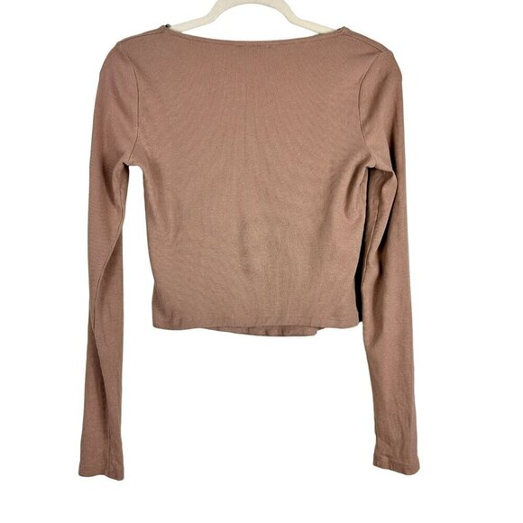 2/$30 Zara Tan Caramel Square Neckline Ribbed Crop Top Long Sleeves Size Large - Picture 10 of 14